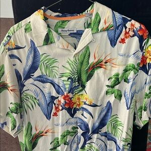 Tommy Bahama Cream Tropical Camp Shirt with Blue, Green & Orange Print